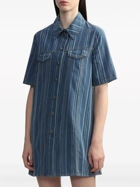GANNI Blue Striped Denim Shirt Dress Mini Button Front Size 36